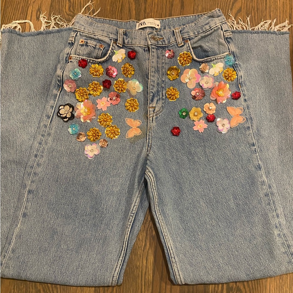Zara Floral Embellished Wide Leg Denim Jeans Size 6